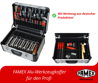 Preview: FAMEX 420-88 Profi Alu Werkzeugkoffer gefüllt mit Werkzeug Set Preview: werkzeugkoffer mit deutschen werkzeugen