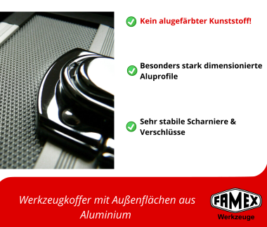 Preview: FAMEX 420-88 Profi Alu Werkzeugkoffer gefüllt mit Werkzeug Set Preview: details zum alu werkzeugkoffer